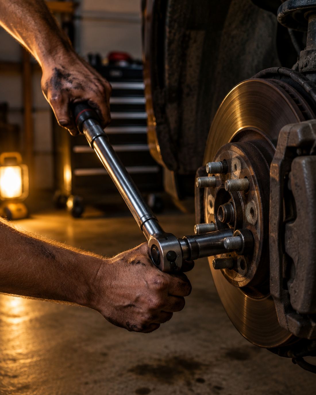 Oil-stained hands working a torque wrench on a wheel hub