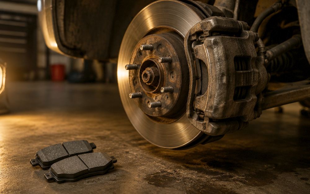 A wheel hub with the brake drum off, rag on the floor