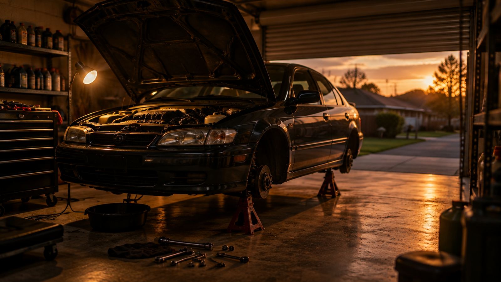 A car up on axle stands in a suburban home garage at dusk, roller door open to the street