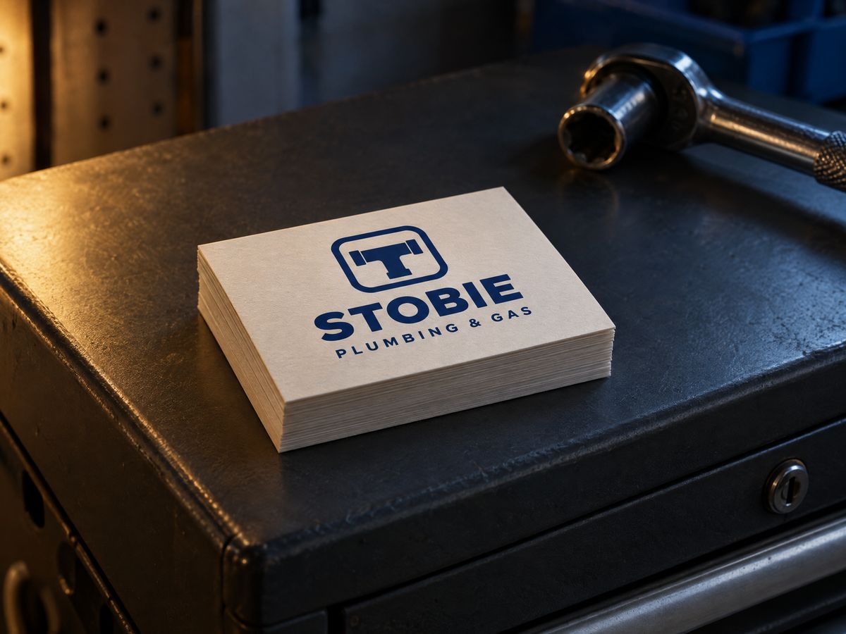 A stack of business cards for the sample brand Stobie Plumbing & Gas on a steel tool chest