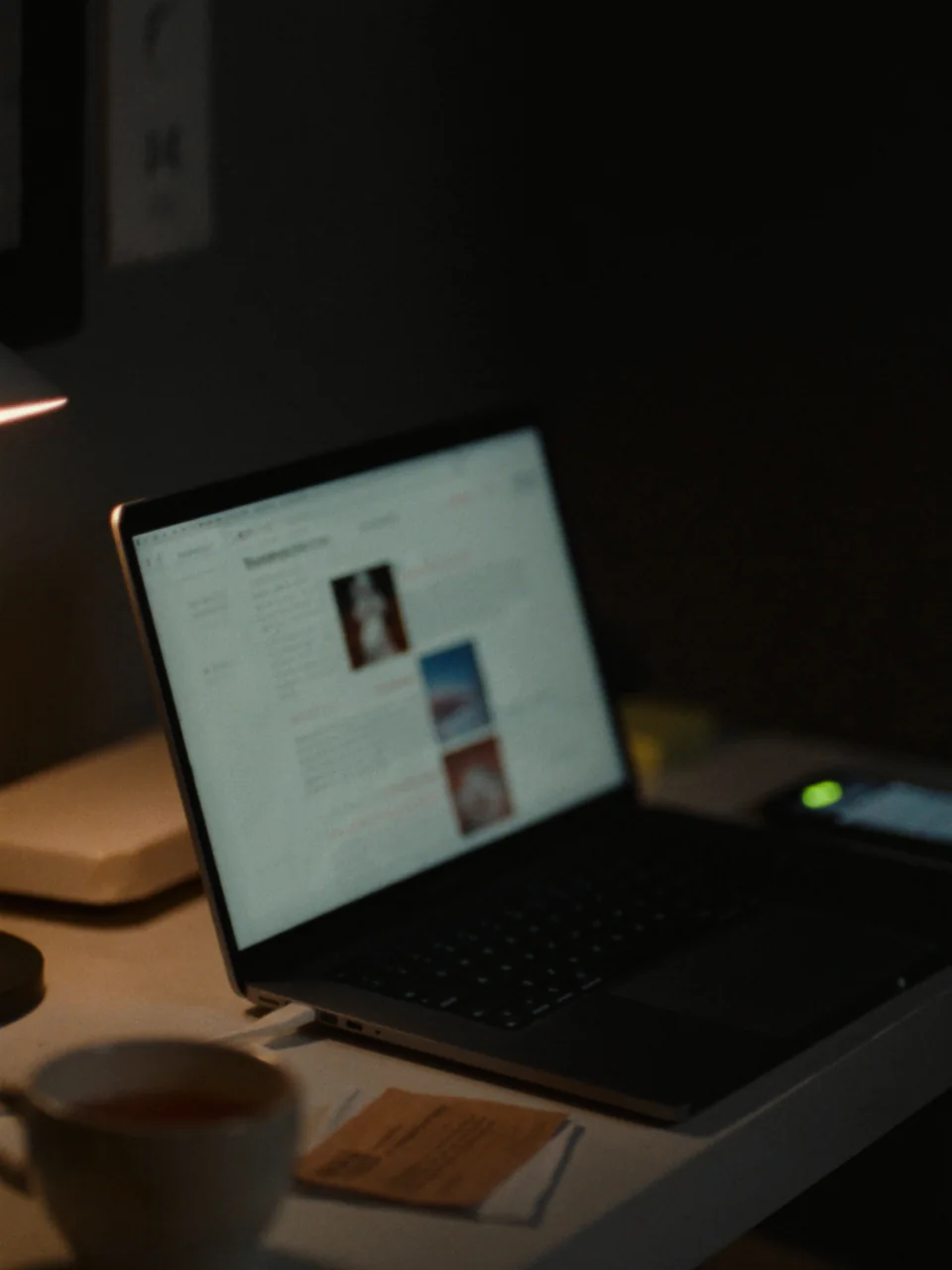 Sample photo: a laptop showing a website draft on a home office desk at night