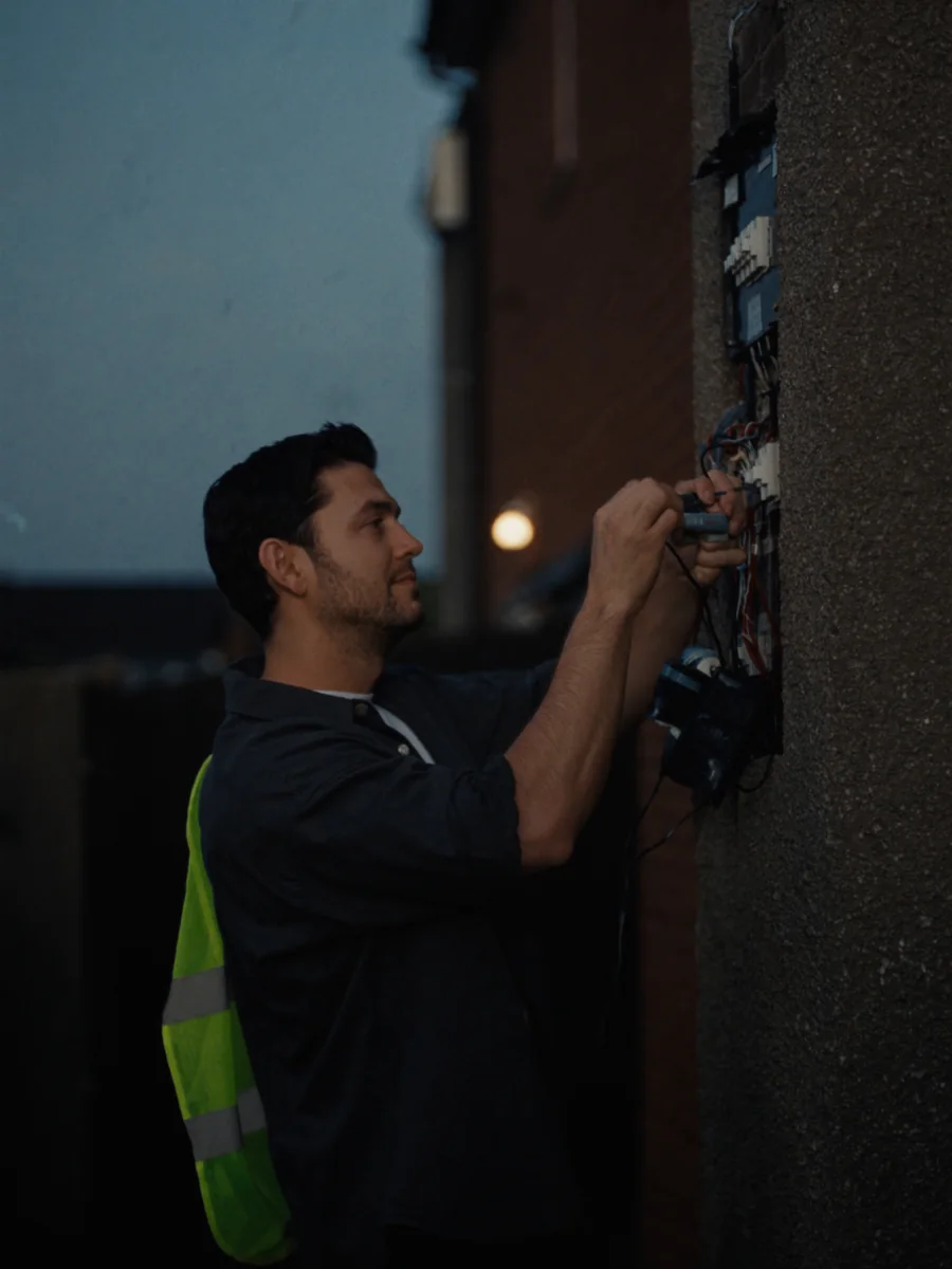 Sample photo: an electrician works on a switchboard at dusk, a hi-vis vest over his shoulder