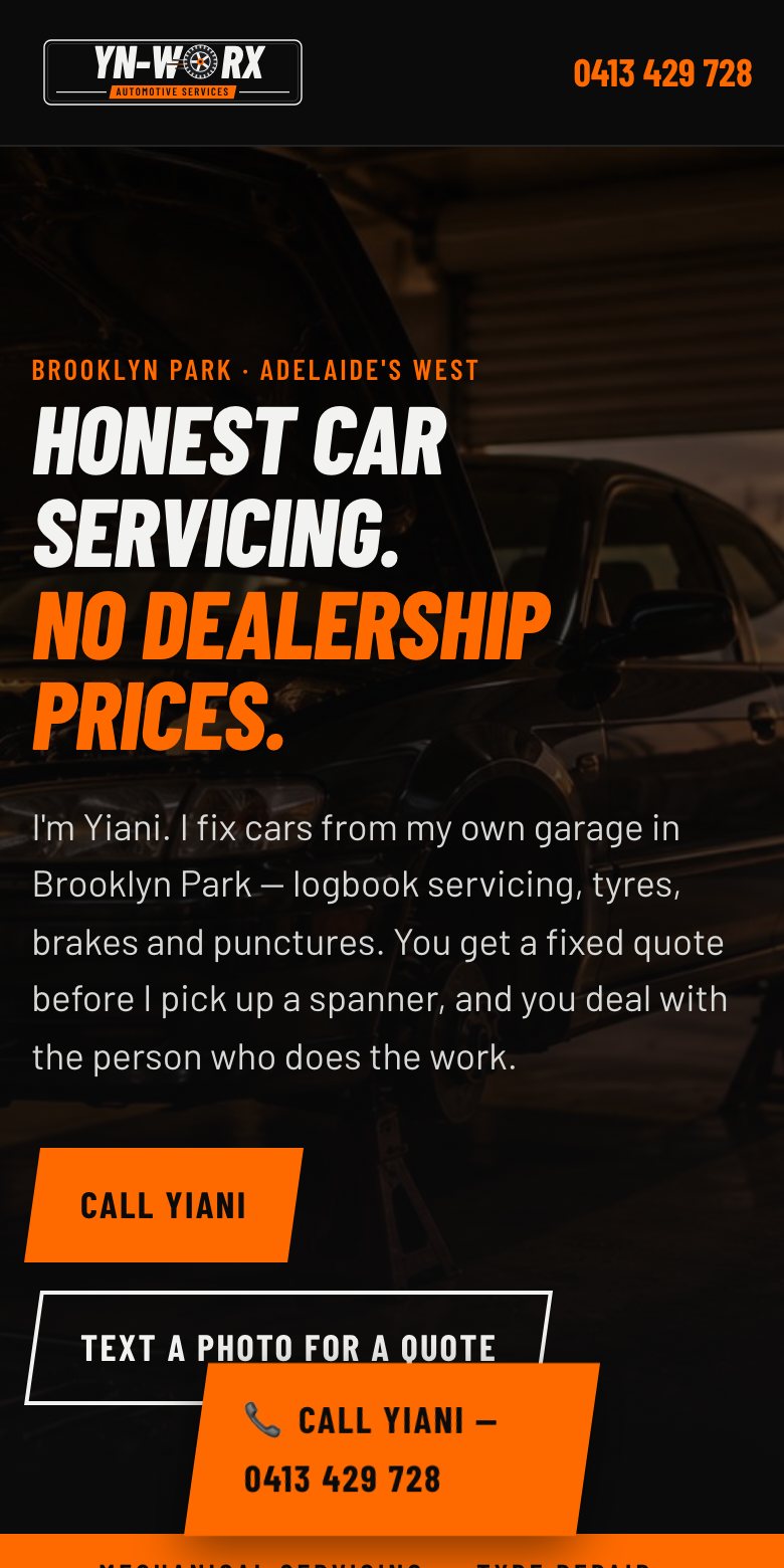 The YN Worx Automotive website on a phone, with its tap-to-call button